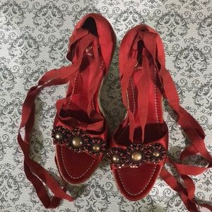 J Vincent  wedge heel. Ribbon straps